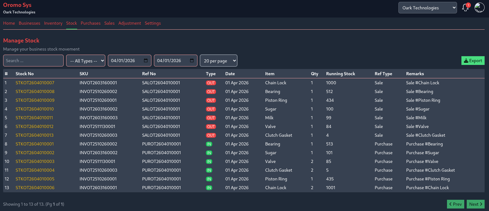 Stock Tracking Feature